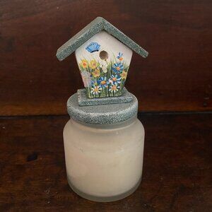 Birdhouse Candle Jar with painted bird house topper